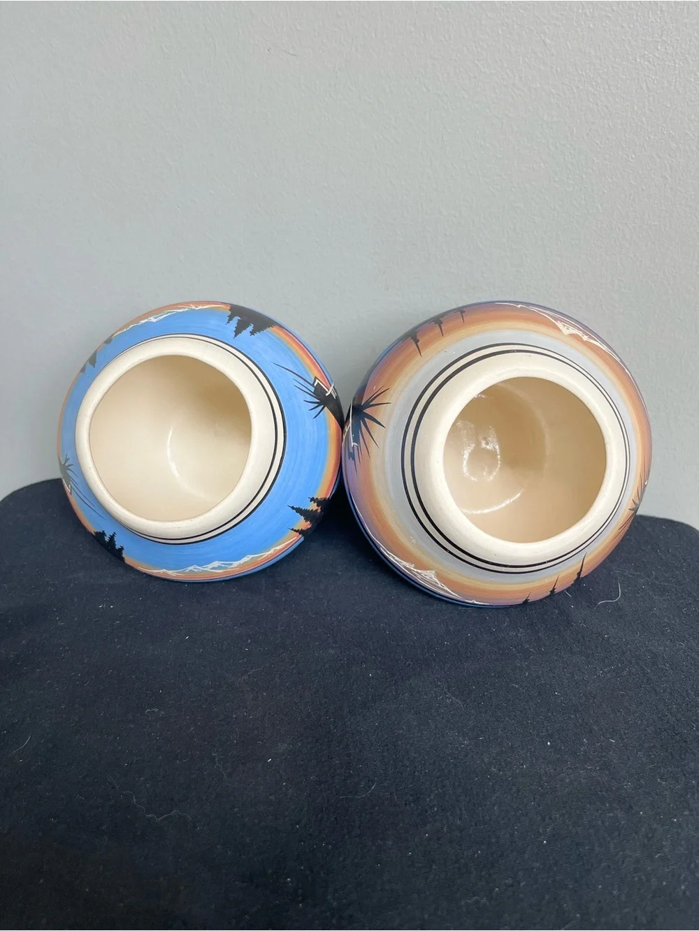 Signed Navajo Naatsiilid Cedar Mesa Pottery Pair Sunset Landscape Etched Vessels
